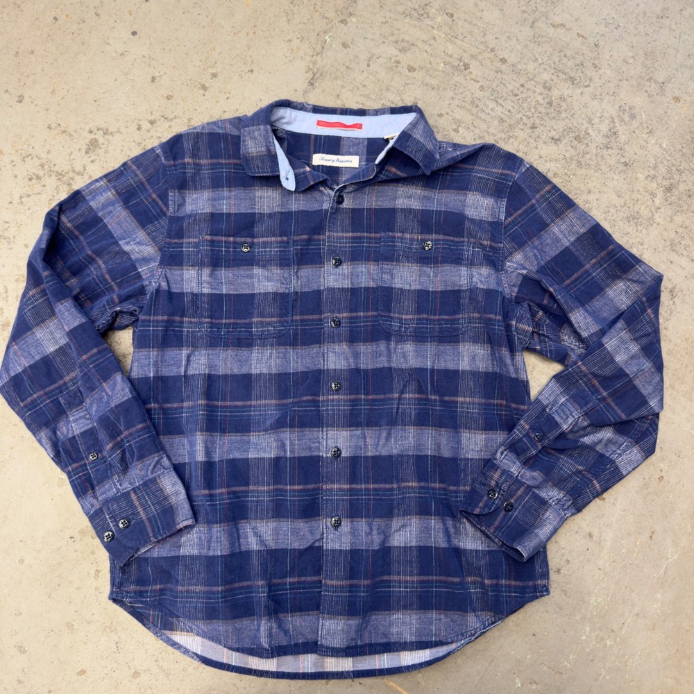 Tommy Bahama Mens Blue Grey Plaid Cotton Corduroy Button Down Shirt Medium